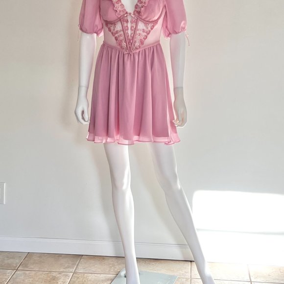 FOR LOVE & LEMONS Romantic Pink Fan Floral Puff Sleeve Dress, New With Tags, M - Picture 5 of 9